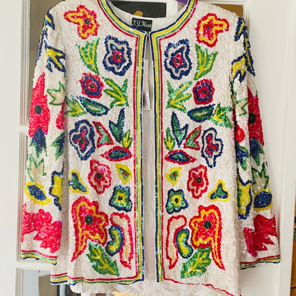 NWT T J Wear SZ L Evening Jacket Silk Floral All Over Sequins Handmade NEW
